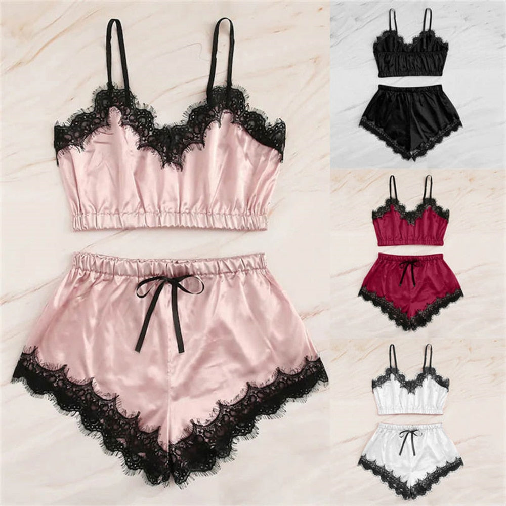 Women&#39;s Sleepwear Sexy Lace Pajama Set V-Neck Sleeveless Hollow Out Cami Top 2020 Short Pijama Mujer Plus Size Lingerie Set XXL